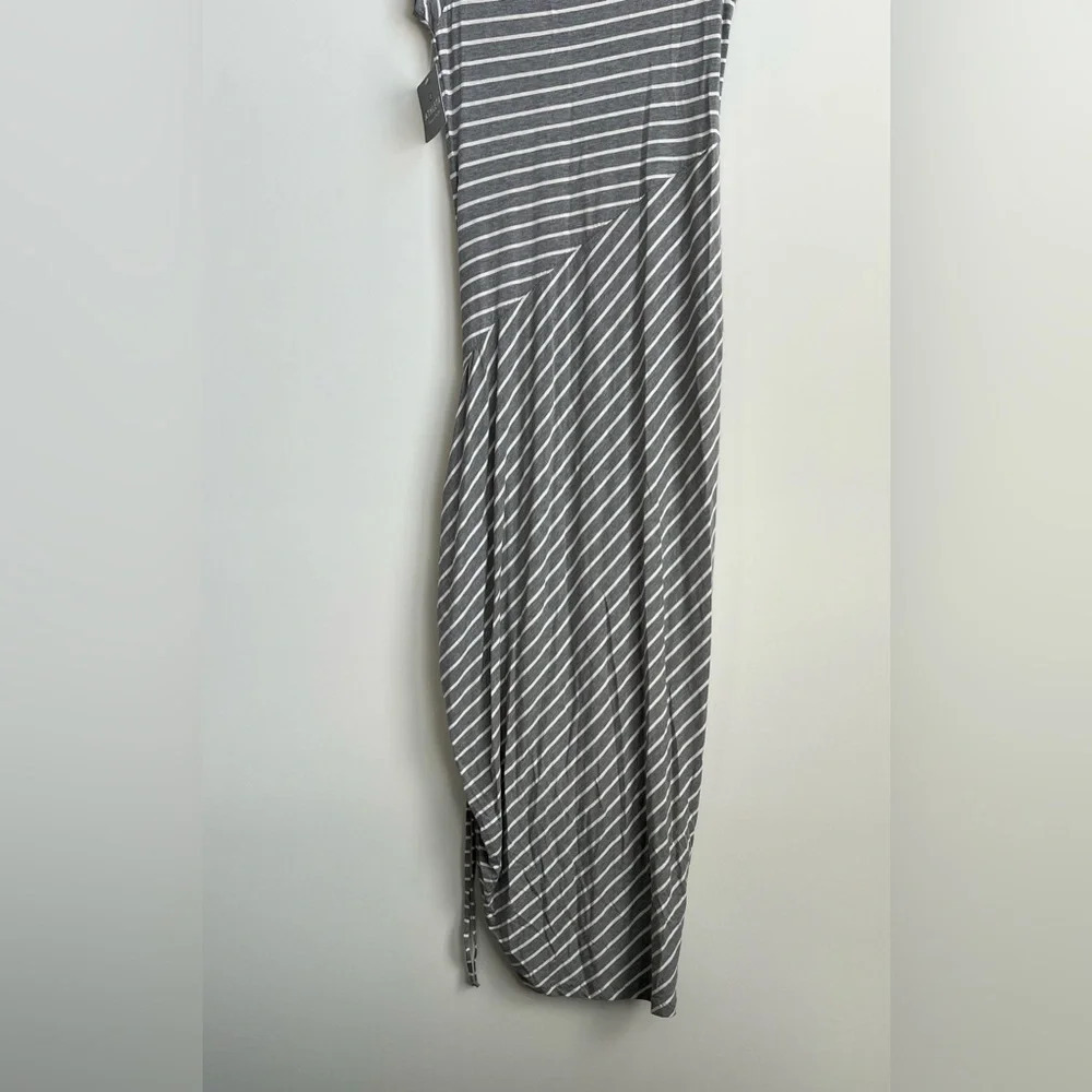 New Athleta Shark Bite Cinch Maxi Dress Gray Asymmetrical Striped Jersey Small - Picture 11 of 14